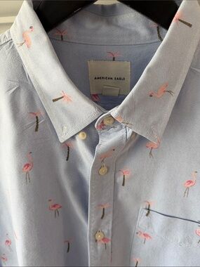 American Eagle Outfitters Light Blue Button-Down Shirt with Pink Palm Motif